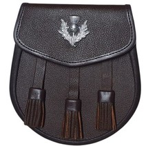 3 Tassels Brown Cowhide Leather Scottish Kilt Sporran, Leather & Metal Chain 02