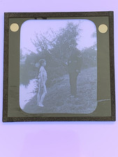 Police Sergeant and boy on river bank old glass/ lantern slide/ photograph