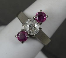 Antique 18ct White Gold 1.00ct Old Cut Diamond and Ruby Trilogy Ring