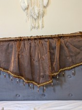 Sheer Brown Beaded  Valance  Gold Trim, Tassel Fringe  Boho Curtain Scarf Panel