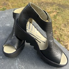 Fly London Bezo Black Wedge Leather Sandle Size 7 Unworn Super Condition