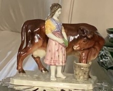 Antique HAND PAINTED C1820 STAFFORDSHIRE CERAMIC BROWN COW AND MILKMAID 7 1/2”
