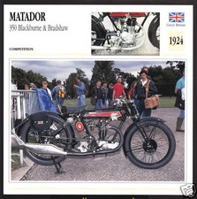 1924 Matador 350cc Blackburne & Bradshaw (348cc) Motorcycle Photo Spec Info Card