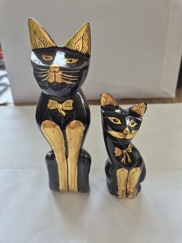 Pair hand carved wooden cat - wooden,