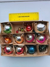  Vintage Glass Christmas Baubles 12 mixed sizes Multi Coloured 11 large/med. Box