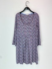 White Stuff Long Sleeve Purple Bird Print Round Neck Pleated Front Dress Size 16
