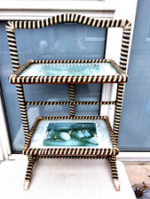 VINTAGE WOOD & WICKER & GLASS COVERED TRAYS FOLDING CAKE STAND