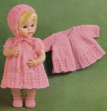 #133 4ply Doll Prem Girl 14-16" Lace Dress Coat Bonnet Bootees Knitting Pattern