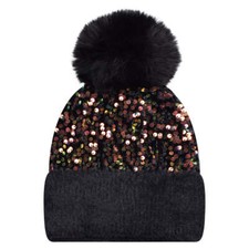 Women's Ladies Sequin Pom Pom Beanie Knitted Winter Hat Cable Knit Bobble Wooly