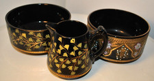 Antique- 3x Victorian Black lustre Bowls & Jug- Floral Hand-painted- Decorative