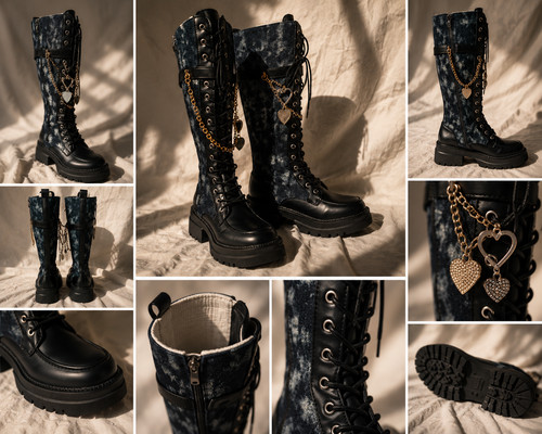 Black blue denim style boots