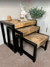 Nest of 3 Tables Rustic Solid Wood Side End Coffee Table Vintage Industrial Unit