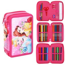 Disney Princess Pencil Case Stationery Filled 3 Tier Zipped Kids girls 45 Piece