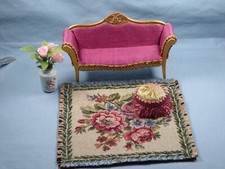 Dolls House 1:12 - Furniture - Pink  Sofa, Floral Rug, footstool and Flower Vase