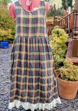 Vintage Check Long Length Pinafore "Provisions" Cotton Lace Lagenlook Peasant L
