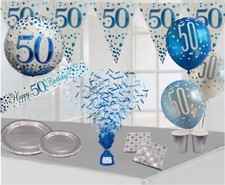 Sparkling blue white 50th birthday balloons banners bunting party decorations