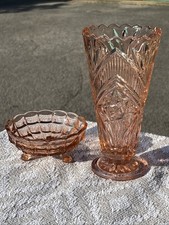Vintage Pink Glass Vase & Dish