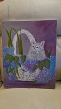 Original Oil Painting Of Fluffy Cat In Basket