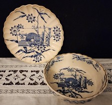 Antique Tunis Edge Malkin E. M. & Co 8 1/4" Bowl 9 7/8" Plate, Blue Transferware