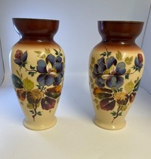 Opaque Milk Glass Vases Set of 2 Matching 10in Tall Floral Pattern VGC Vintage