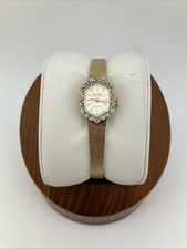 Vtg Gruen Ladies 15mm Watch Gold Tone 4 Diamond Bezel Silver Dial - RUNS