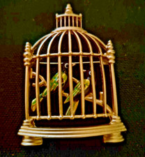 Big Gold Tone Bird Cage Love Birds Brooch