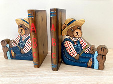 Pair Hand Made Painted Varnished Wooden Book Ends Fisherman Teddy Bear Baby Gift