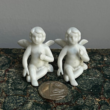 Pair Antique Bisque Porcelain Winged Cherub Putti Cake Decorations Cake Toppers
