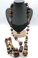 Gorgeous Glass Beaded Necklace In Brown Tones 34" Long