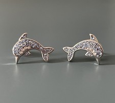 Pretty Sparkly Blue Ocean Dolphin Faux Gem Stud Metal Earrings - New In Pouch