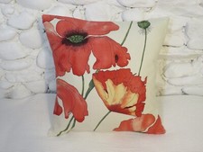 Cushion Cover, Sanderson, Large Poppy, Cotton, Reds, Greens, Cream, 16"