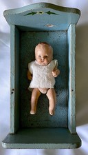 Vintage Germany Baby Doll Movable Arms Legs & Dolls House Wooden Cot