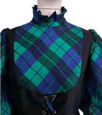 Womens Vintage Dress Designer Maxi Black /Multi Tartan Ruffles Frill Lace, SzS