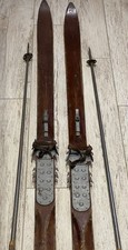 AWESOME ANTIQUE VINTAGE WOODEN SKIS BAMBOO POLES SKI CHALET MOUNTAIN SHOP 192cm
