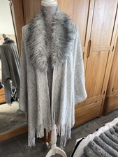 Grey knitted  Poncho/ Cape With Fur Trim. One Size. Never Worn.