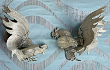 Vintage Pair Heavy  Silver Plated Cock fighting Roosters Sculptures