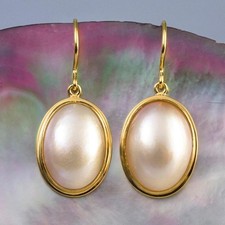 Earrings White Mabe Pearl Oval & 18K Gold Vermeil over 925 Sterling Silver 7.90g