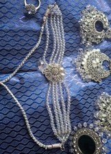 Indian Pakistani Silver Jewellery Set Necklace Earrings Tika 2 Rings for Wedding