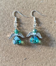 Green Crystal Guardian Angel Pendant Earrings. S.Steel Hooks. Boxed Gift Idea