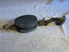 Antique/vintage Wooden Single Pulley Block & Tackle Hook, Chain,rope as Found