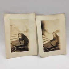 Antique Pair of Photos Young Woman In Pedal Car c 1920