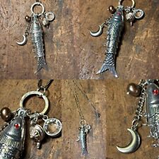 Vintage Articulated Silver Toned Fish Necklace With Vintage Charms 20" gun metal