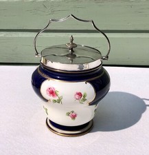 Antique George Jones Crescent China Biscuit Barrell with silver plated lid