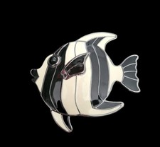 Lulu Guinness Vintage, Signed Large Zebra Fish Brooch in Black & Chalk Enamel