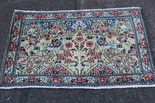 Vintage Hand Made Traditional Oriental Wool Blue Aqua Small Rug 57x90cm Animal