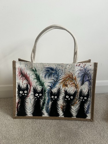 Hand painted black cat jute - black,