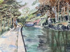Vintage Original Watercolour Painting - Canal Towpath & Barge