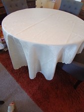 Scalloped Edge Damask Tablecloth 88 x 50" Ivory Rectangular VTG 70s VGC