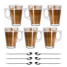 6 PACK 240ML HOT COLD DRINKS LATTE CAPPUCCINO GLASS MUGS COFFEE CUP FREE SPOONS