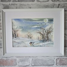 Original Watercolour Painting Hare Snow Landscape Framed